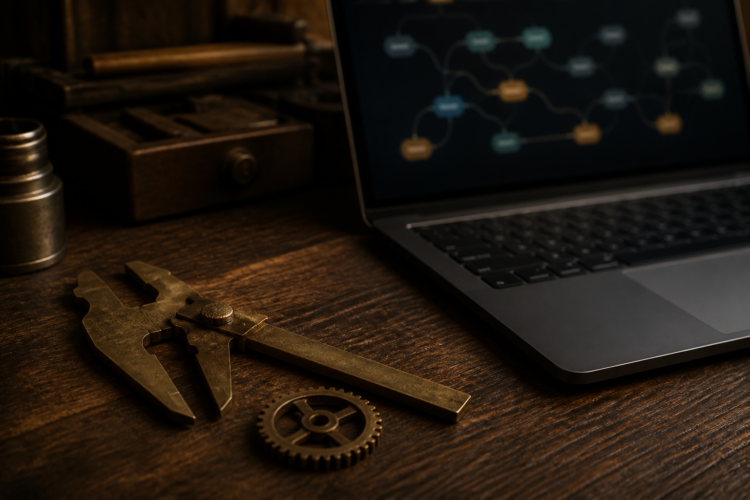 Brass calipers and a gear on a dark desk beside a laptop showing a workflow diagram