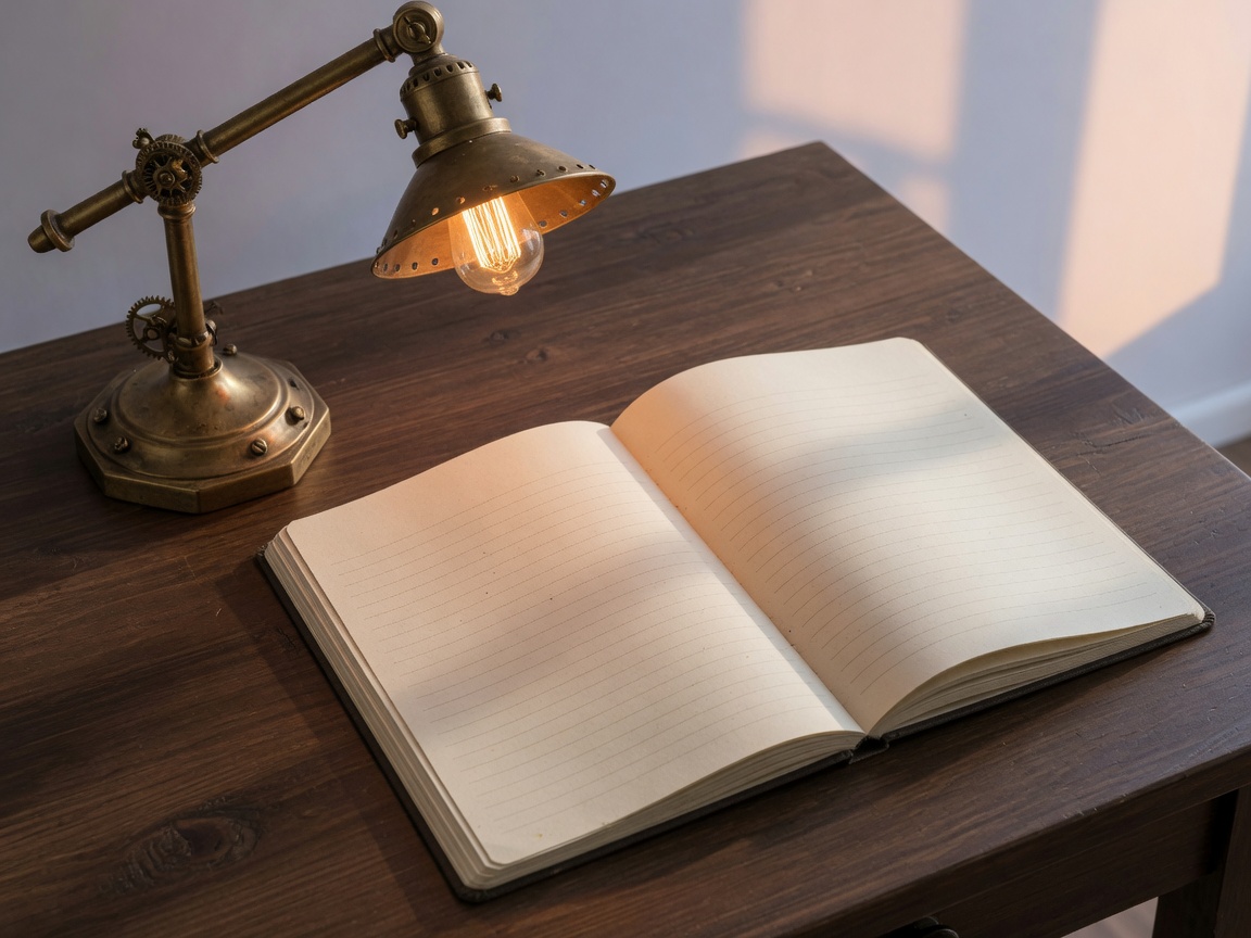 Quiet brass lamp and notebook — learning, not hype